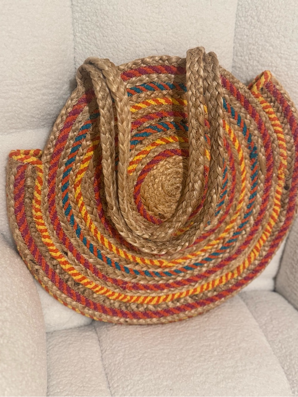 Woven Round Straw Tote Bag with Multi-Color Stripes